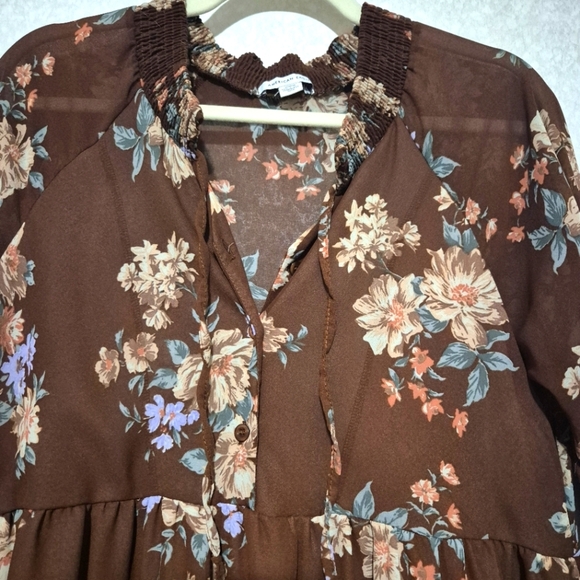 American Eagle Outfitters Brown Cream Tiered Long Sleeve Dress..SIZE:M - Picture 9 of 14